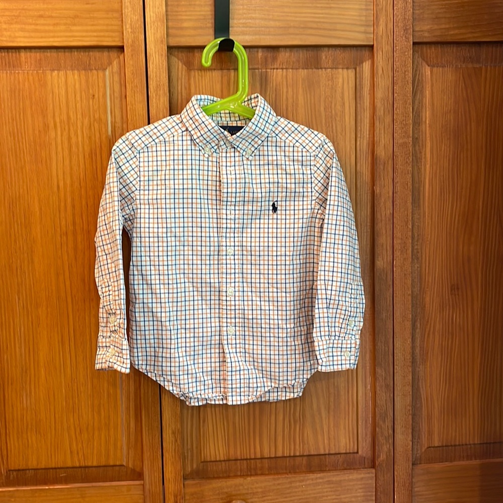 blue and orange striped boys polo button up